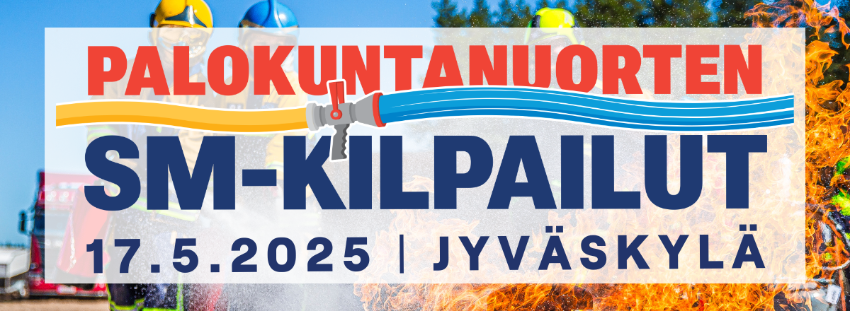 Palokuntanuoria sammuttamassa tulta ja palokuntanuorten SM-kilpailujen logo
